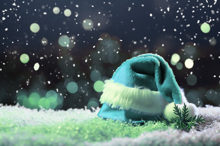 Generative AI Image of Christmas Background with Blue Santa Claus Hatの素材