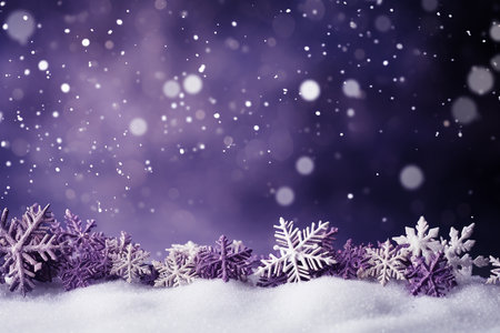 Generative AI Image of Winter Snowflakes Decoration with Blank Space on Purple Backgroundの素材