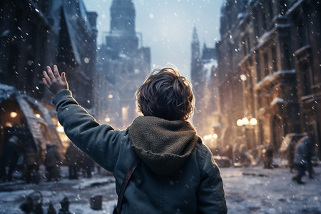 Back View of Little Boy Raising Hand During Snowfall with City Building Background AI Generativeの素材