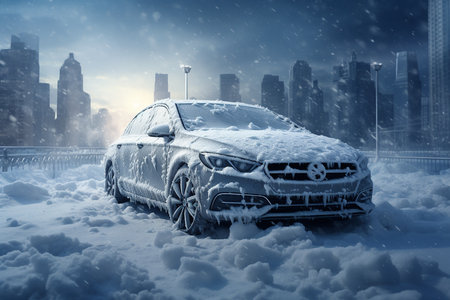 Generative AI Image of Car Covered with Frosty Snow in Cityの素材