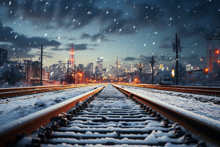 Generative AI Image of Railway Tracks with City View During Snowfall at Nightの素材
