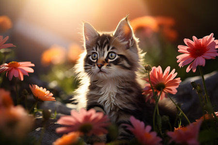 Generative AI Image of Cute Striped Kitten Sitting in Flower Gardenの素材