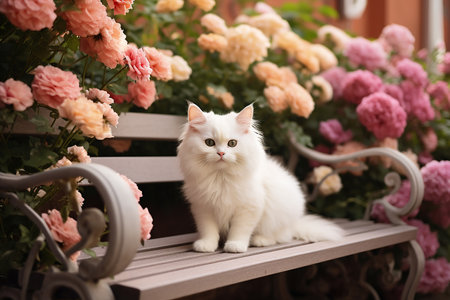 Generative AI Image of White Cat Sitting on a Wooden Bench with Flowering Plantsの素材