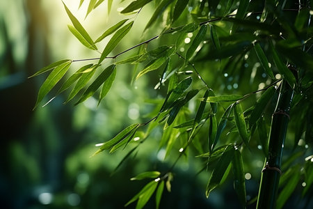 Generative AI Image of Nature Background with Green Bamboo Leaves in Forestの素材