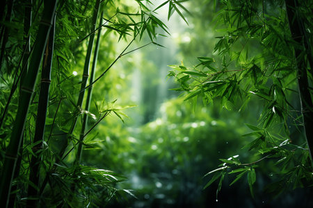 Generative AI Image of Nature View Background with Fresh Bamboo Leaves in Forestの素材