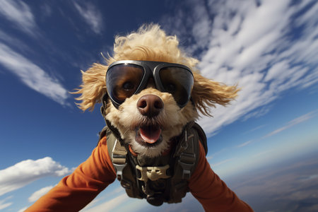 Generative AI Image of Cute Dog Skydiving in the Clear Blue Skyの素材