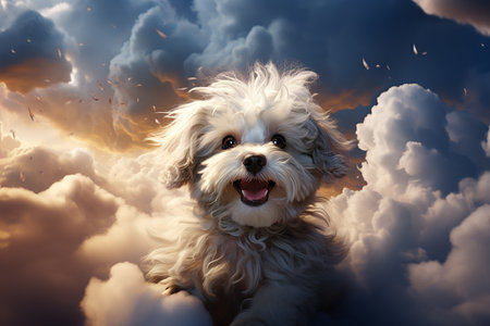 Generative AI Image of Cute White Dog on Clouds with Bright Sky Backgroundの素材
