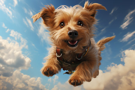 Generative AI Image of Cute Brown Dog Jumping in Bright Blue Skyの素材