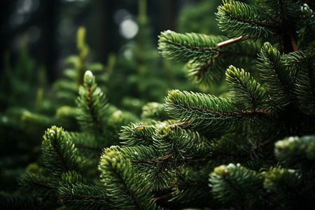 Closeup Image of Fir Tree Branch on Green Background AI Generativeの素材