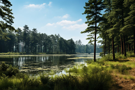 Generative AI Image of Nature Landscape with Lake Surrounded by Pine Trees in Bright Dayの素材
