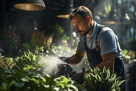 Generative AI Image of a Man Spraying Water on Plantsの素材