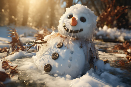 Generative AI Image of Melting Snowman in Winter with Nature Backgroundの素材