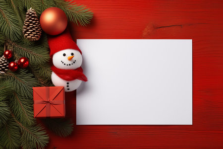 Generative AI Image of Blank White Paper with Snowman Christmas Decoration on Red Backgroundの素材