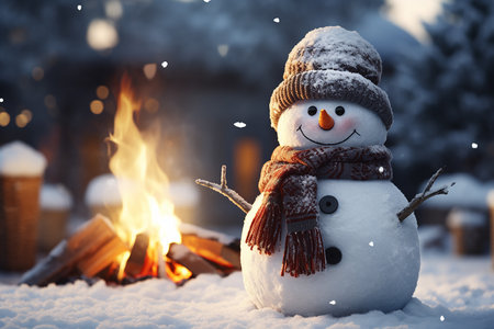 Generative AI Image of Snowman with Burning Bonfire in Winter Seasonの素材
