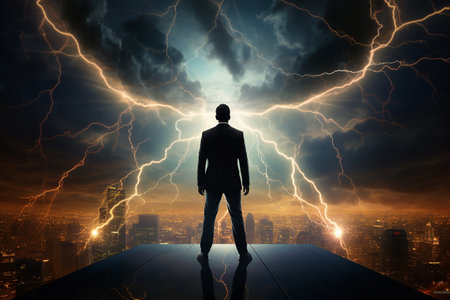 Back View of Businessman Standing on Rooftop with Lightning Strikes in Dark Sky Generative AIの素材