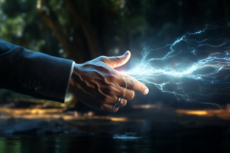 Generative AI Image of Businessman Hand Emits Lightning Strikes Symbolize Strength to Facing Problemsの素材