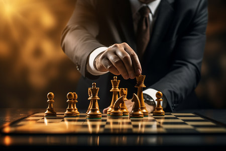 Generative AI Image of Hand of Businessman Holding Chess Piece on Chess Board Gameの素材
