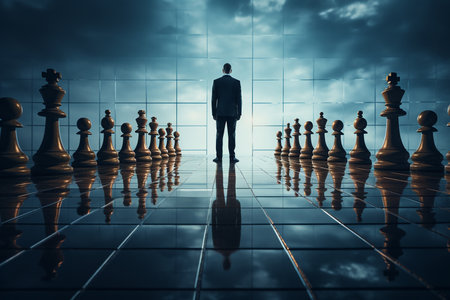 Back View of Businessman Standing on Giant Chessboard with Wooden Chess Pieces Generative AIの素材