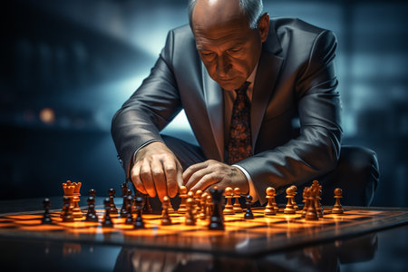 Generative AI Image of Concentrated Businessman Moving Chess Pieces on Chess Board Gameの素材