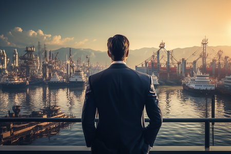 Back View of Businessman Looking at Ships in Harbor Generative AIの素材