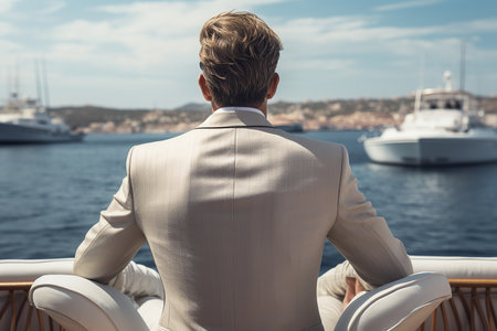 Back View of Businessman Sitting on Boat with Sea Nature Landscape Generative AIの素材