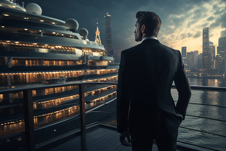 Back View of Businessman Looking at Cruise Ship in Harbor at Night Generative AIの素材