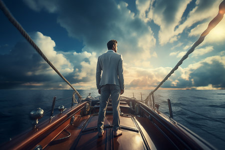 Back View of Businessman Standing on Boat with Blue Sea Landscape Generative AIの素材