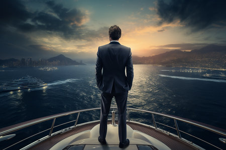 Generative AI Image of Businessman Standing on the Rooftop of a Ship in the Oceanの素材