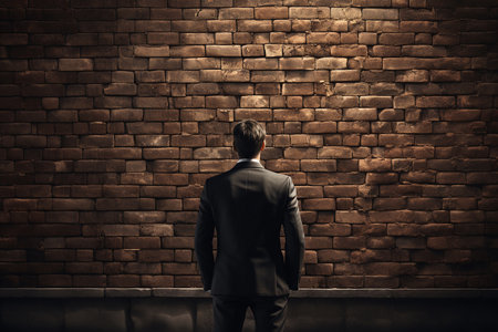 Back View of Businessman Standing Looking at Brick Wall Generative AIの素材