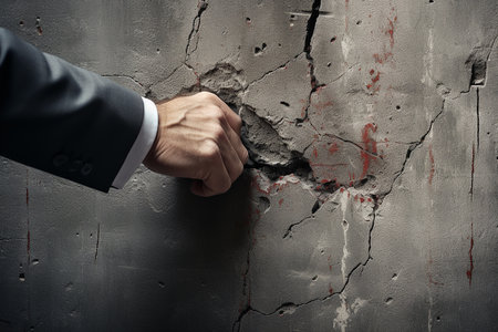 Generative AI Image of Hand of Businessman Hitting a Cracked Wallの素材