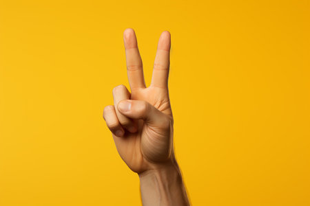Generative AI Image of Hand with Two Fingers Symbolize Peace on Yellow Backgroundの素材