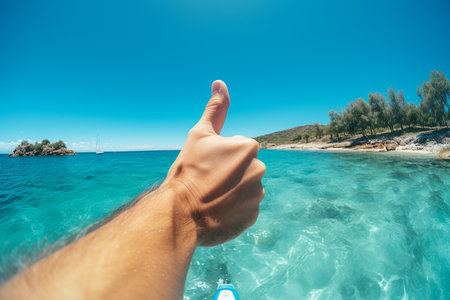 Generative AI Image of Hand Raising Thumb on Ocean Sea Backgroundの素材