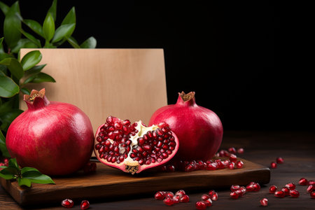 Generative AI Image of Pomegranates Fruit on Wooden Board with Seedsの素材