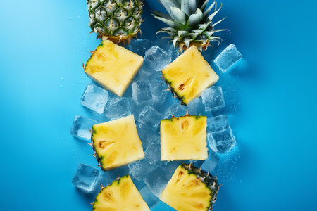 Generative AI Image of Pineapple Slices with Ice Cubes on Blue Backgroundの素材