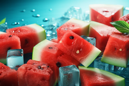 Generative AI Image of Watermelon Slices with Ice Cubes on Blue Backgroundの素材
