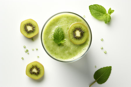 Generative AI Image of Healthy Kiwi Fruit Smoothie in Glass on White Backgroundの素材