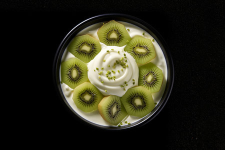 Generative AI Image of Healthy Food Yogurt with Kiwi Fruit Slices in a Black Bowlの素材