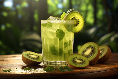 Generative AI Image of Fresh Kiwi Fruit Drink in Glass with Nature Backgroundの素材