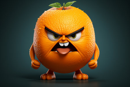 Generative AI Image of Orange Fruit Cartoon Character with Angry Expression on Dark Backgroundの素材