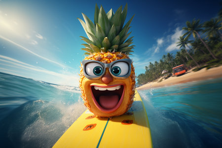 Generative AI Image of Funny Pineapple Fruit Character Playing Surfing on the Beachの素材