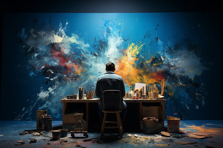 Generative AI Image of Depressed Man with Messy Work Room of Blue Monday Conceptの素材