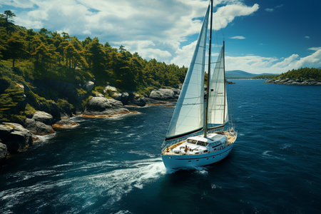 Generative AI Image of Yacht Sailing in the Sea with Nature Landscape in Bright Dayの素材