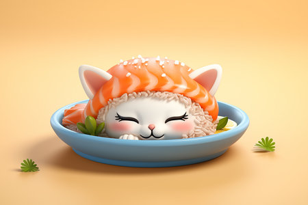 Generative AI Image of Japanese Sushi Food Cartoon Character with Cute Smiling Expression in Plateの素材