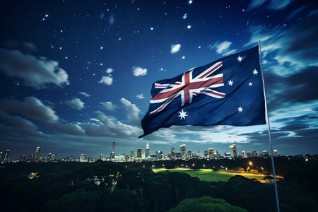 Generative AI Image of Australian National Flag in the Sky with City View at Nightの素材
