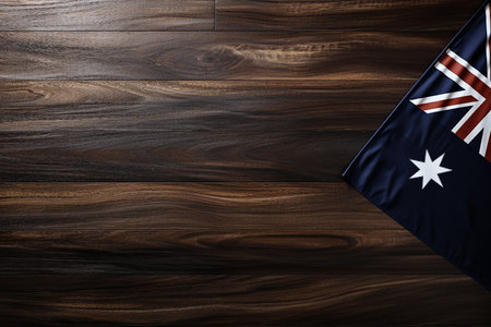Generative AI Image of Australian National Flag with Blank Space on Wooden Backgroundの素材