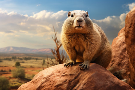 Generative AI Image of Groundhog Standing on a Rock with Nature View in Bright Dayの素材