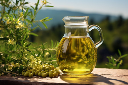 Generative AI Image of Olive Oil in Glass Teapot on Wooden Tableの素材