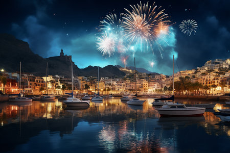 Generative AI Image of New Year Party Celebration in Harbor with Ship Boatの素材