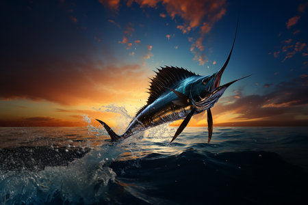 Generative AI Image of Sword Fish Jumping Out of Water with Sky View at Sunsetの素材