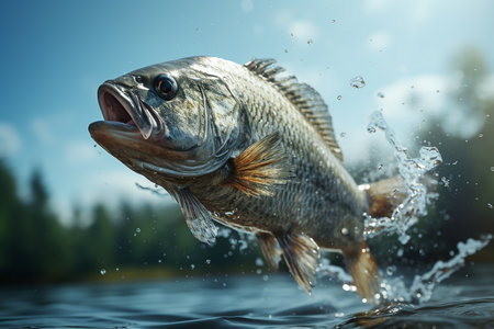 Generative AI Image of Fish Jumping Out of Water with Sky View in Bright Dayの素材